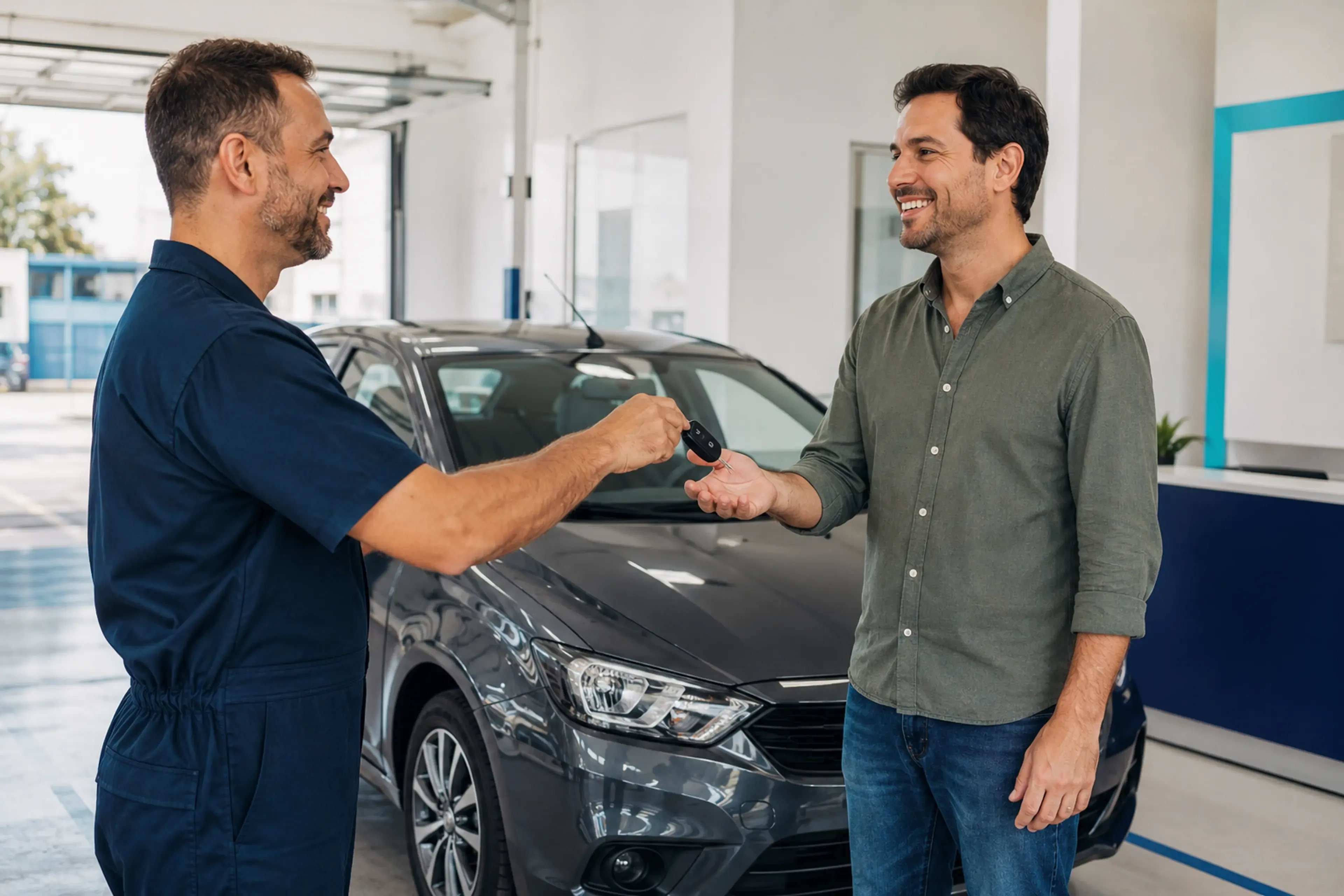 Mecânico entregando a chave do carro ao cliente na oficina