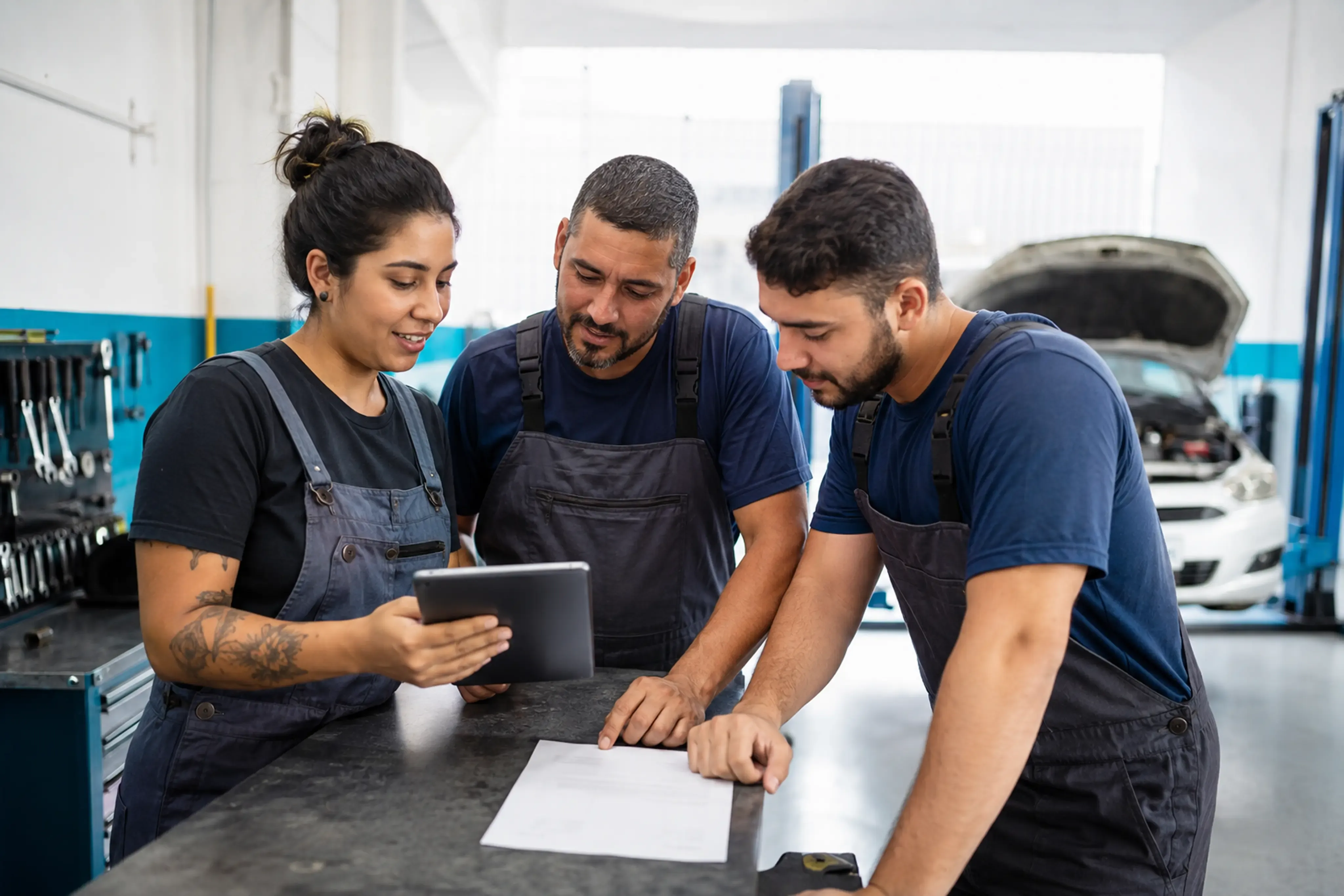 Equipe revisando uma ordem de serviço em um tablet